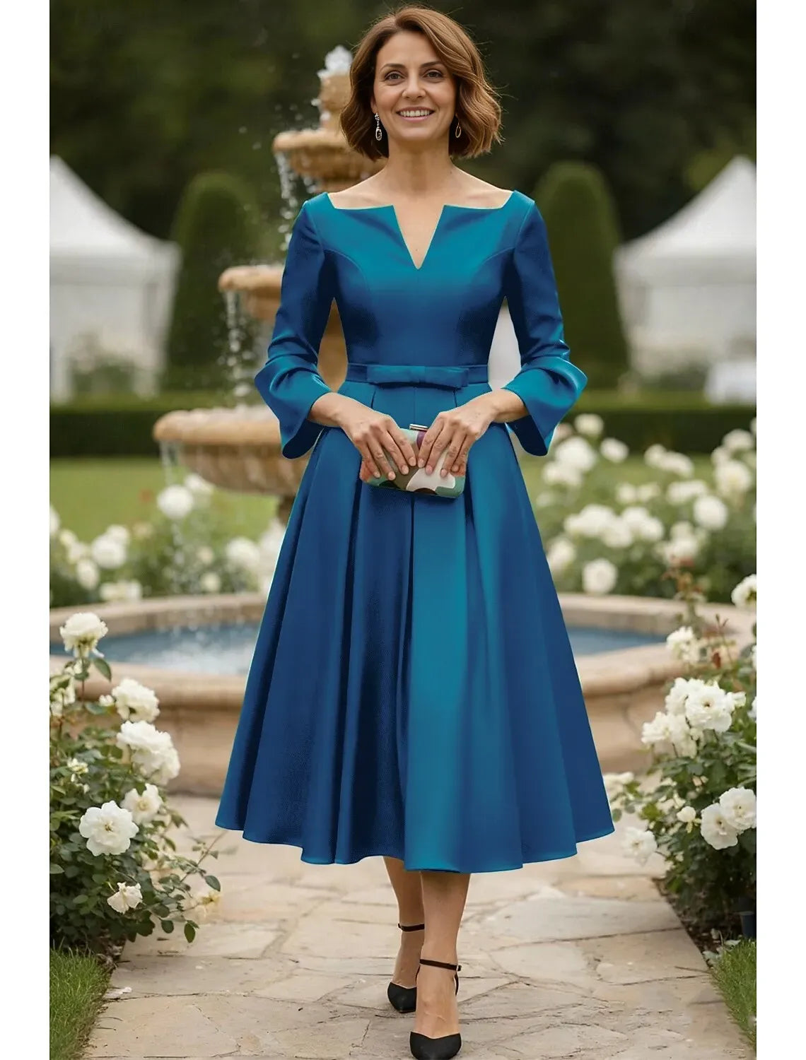 A-Line Long Sleeve V Neck Bow(s) Tea-Length Mother of the Bride Dress