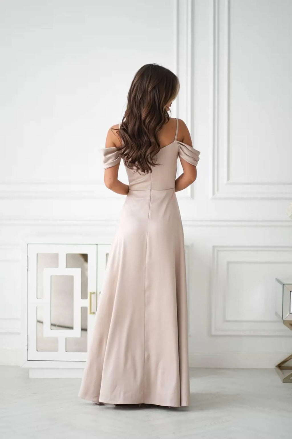 Champagne Prom Dress Off Shoulder Draped A Line With High Slit For Modern Women To Shine