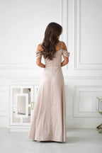 Champagne Prom Dress Off Shoulder Draped A Line With High Slit For Modern Women To Shine