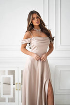 Champagne Prom Dress Off Shoulder Draped A Line With High Slit For Modern Women To Shine