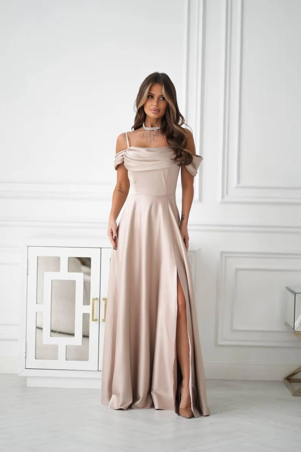 Champagne Prom Dress Off Shoulder Draped A Line With High Slit For Modern Women To Shine