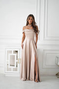Champagne Prom Dress Off Shoulder Draped A Line With High Slit For Modern Women To Shine