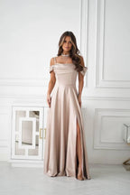 Champagne Prom Dress Off Shoulder Draped A Line With High Slit For Modern Women To Shine