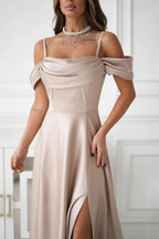 Champagne Prom Dress Off Shoulder Draped A Line With High Slit For Modern Women To Shine