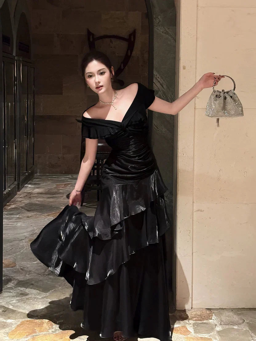 A-Line Off-Shoulder Short Sleeves Backless Floor-Length Prom Dress