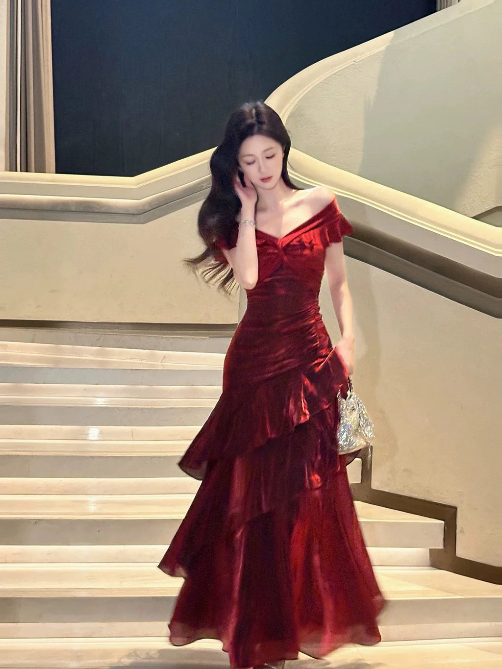 A-Line Off-Shoulder Short Sleeves Backless Floor-Length Prom Dress