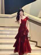 A-Line Off-Shoulder Short Sleeves Backless Floor-Length Prom Dress