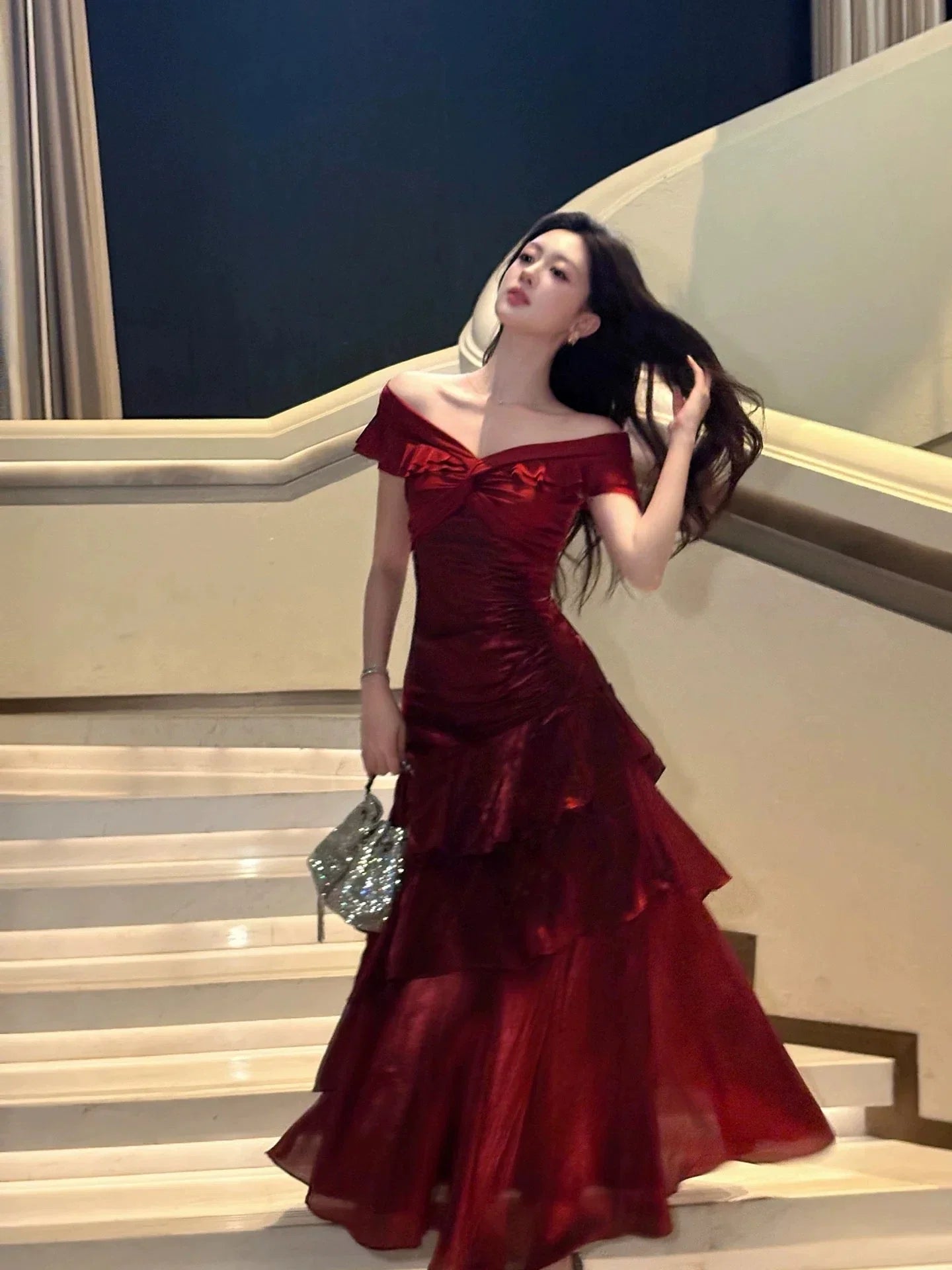 A-Line Off-Shoulder Short Sleeves Backless Floor-Length Prom Dress