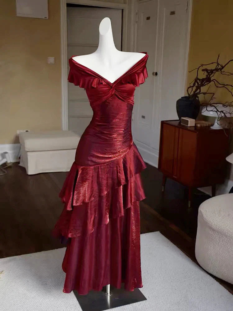 A-Line Off-Shoulder Short Sleeves Backless Floor-Length Prom Dress