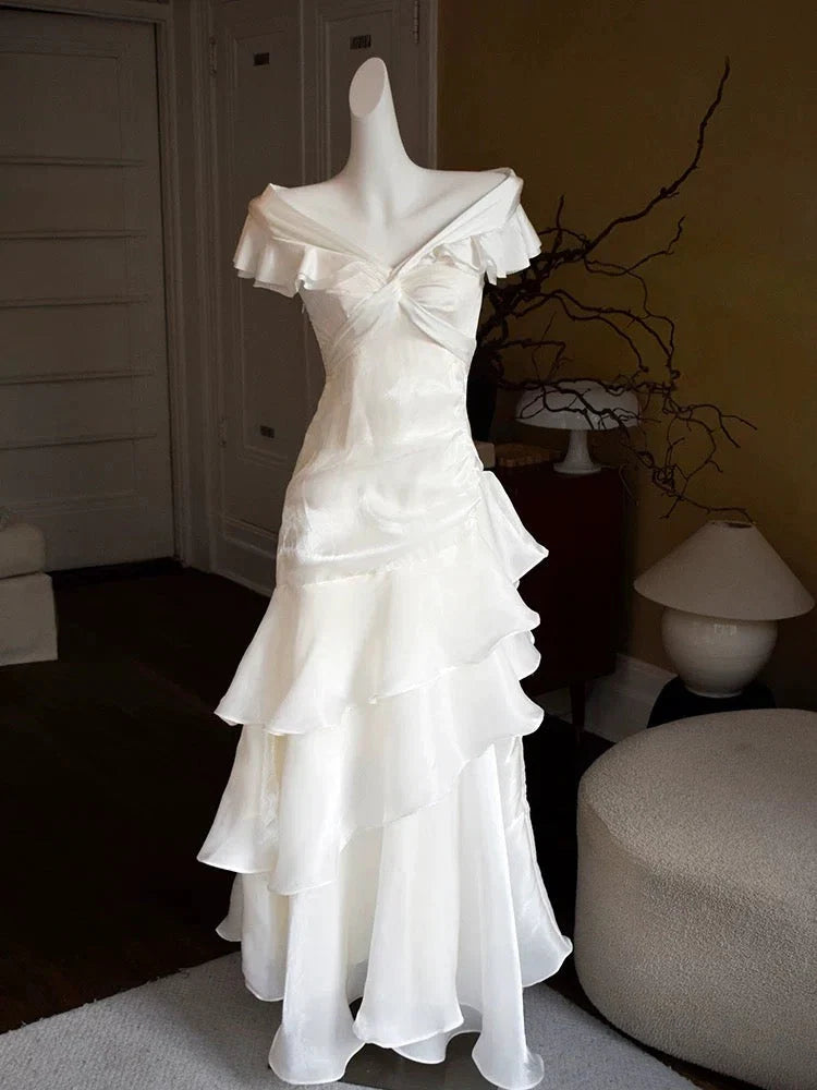 A-Line Off-Shoulder Short Sleeves Backless Floor-Length Prom Dress