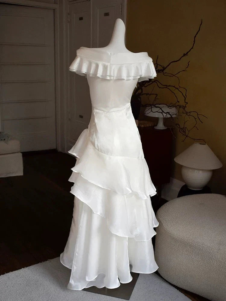 A-Line Off-Shoulder Short Sleeves Backless Floor-Length Prom Dress