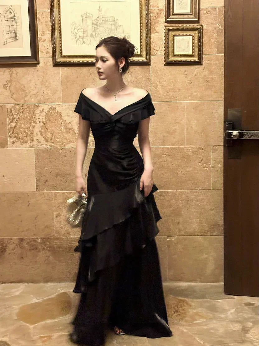 A-Line Off-Shoulder Short Sleeves Backless Floor-Length Prom Dress