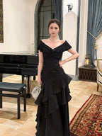 A-Line Off-Shoulder Short Sleeves Backless Floor-Length Prom Dress