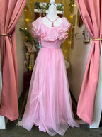Prom Dress For Teens Elegant A Line Off The Shoulder Pink Tulle Bow Back Floor Length