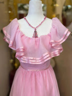 Prom Dress For Teens Elegant A Line Off The Shoulder Pink Tulle Bow Back Floor Length