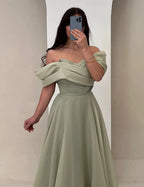 Elegant A-Line Off Shoulder Ruched Sage Floor Length Prom Dress Ready To Ship