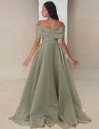 Elegant A-Line Off Shoulder Ruched Sage Floor Length Prom Dress Ready To Ship