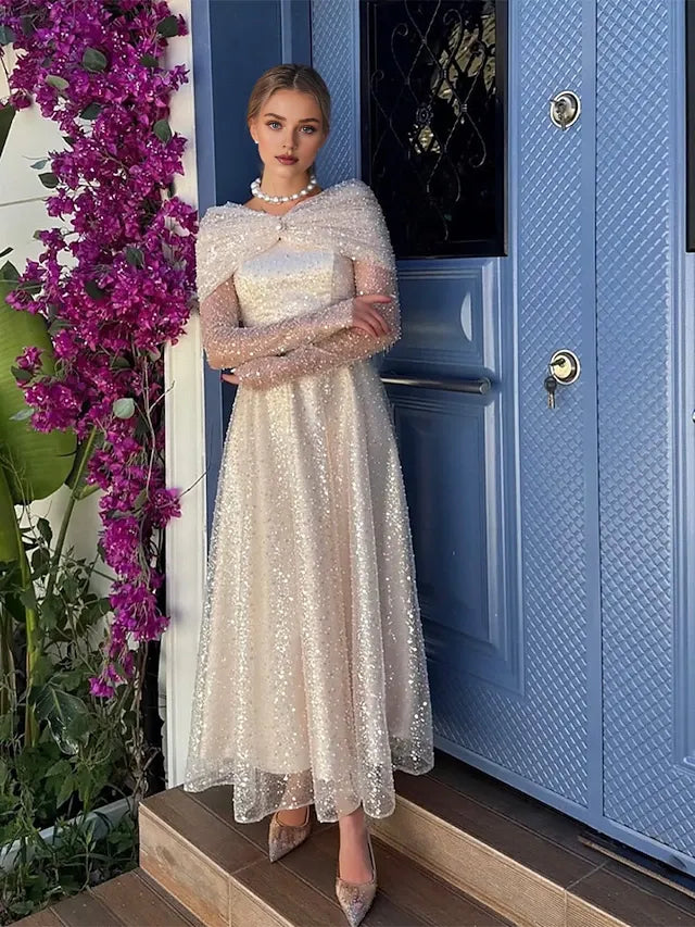 A-Line Off Shoulder Long Sleeve Sequins Tea Length Prom Dress