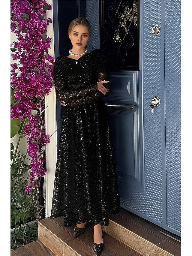 A-Line Off Shoulder Long Sleeve Sequins Tea Length Prom Dress