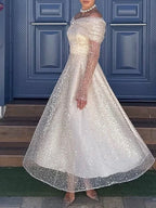 A-Line Off Shoulder Long Sleeve Sequins Tea Length Prom Dress