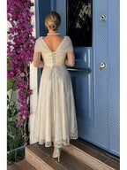 A-Line Off Shoulder Long Sleeve Sequins Tea Length Prom Dress