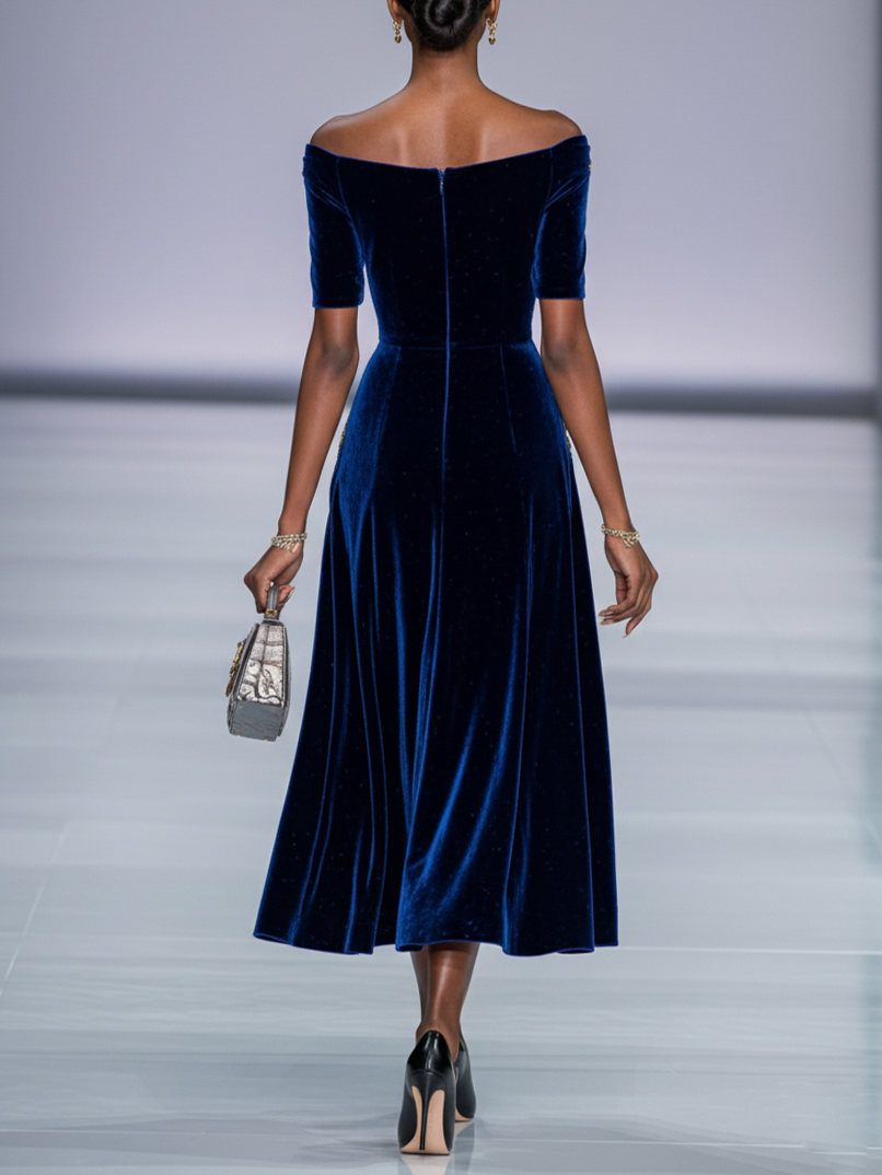 A-Line Off The Shoulder Half Sleeve Zipper Up Tea-Length Prom Dress