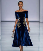 A-Line Off The Shoulder Half Sleeve Zipper Up Tea-Length Prom Dress