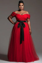 A-Line Off The Shoulder Sleeveless Pleated Floor Length Plus Size Prom Dress