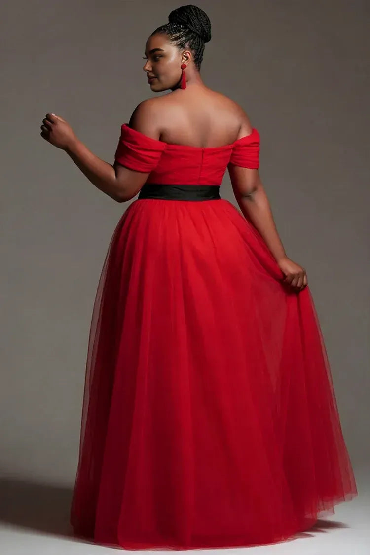 A-Line Off The Shoulder Sleeveless Pleated Floor Length Plus Size Prom Dress
