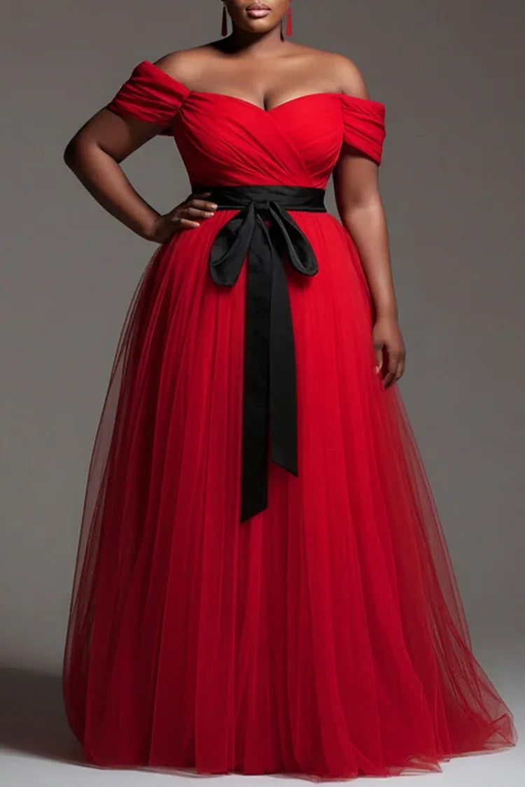 A-Line Off The Shoulder Sleeveless Pleated Floor Length Plus Size Prom Dress
