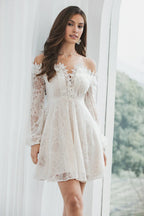 A-Line Off the Shoulder Long Sleeves Zipper Up Short-Mini Wedding Dress