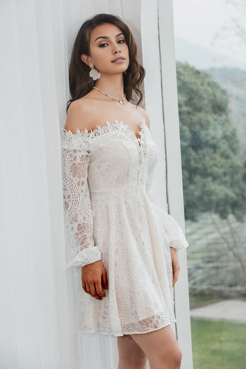 A-Line Off the Shoulder Long Sleeves Zipper Up Short-Mini Wedding Dress
