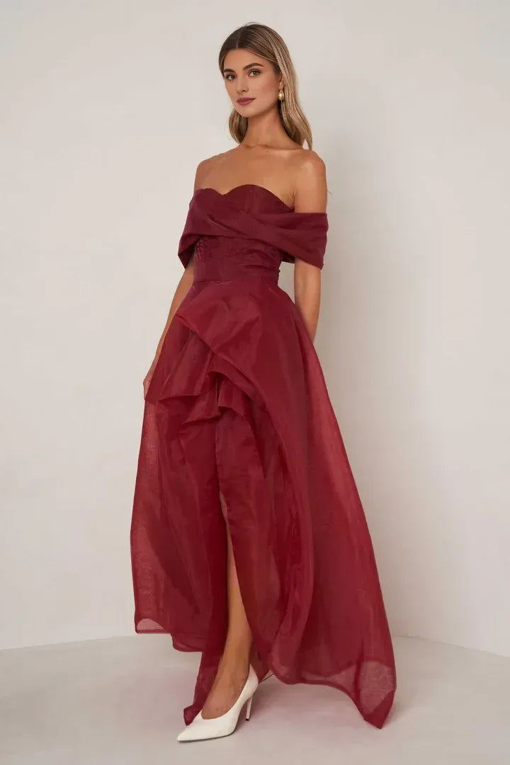 A-Line Off the Shoulder Sleeveless Backless Floor-Length Prom Dress