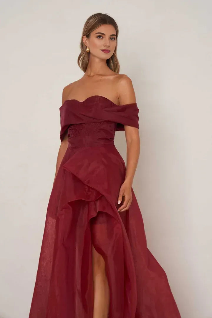 A-Line Off the Shoulder Sleeveless Backless Floor-Length Prom Dress