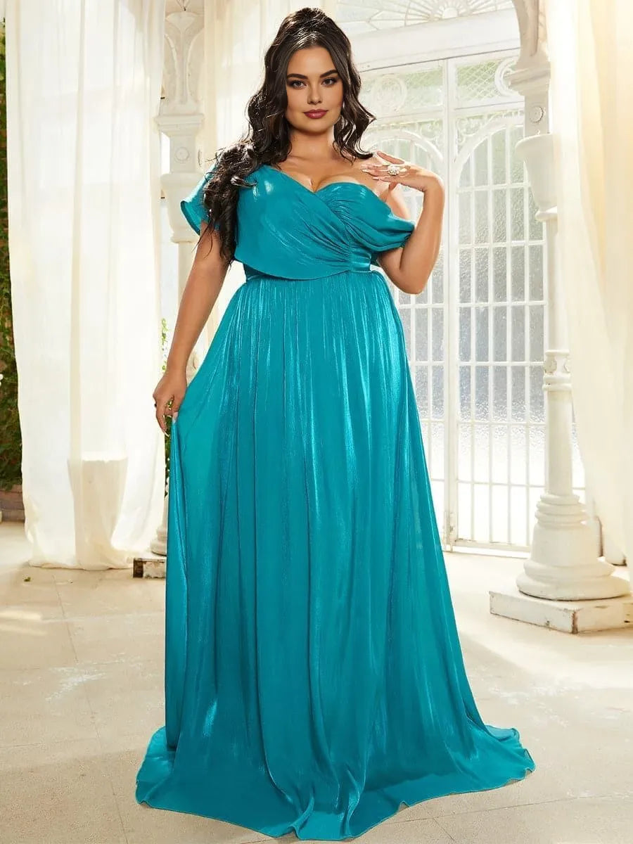 A-Line One-Shoulder Cap Sleeve Backless Floor-Length Plus Size Prom Dress