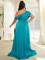 A-Line One-Shoulder Cap Sleeve Backless Floor-Length Plus Size Prom Dress