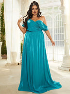 A-Line One-Shoulder Cap Sleeve Backless Floor-Length Plus Size Prom Dress