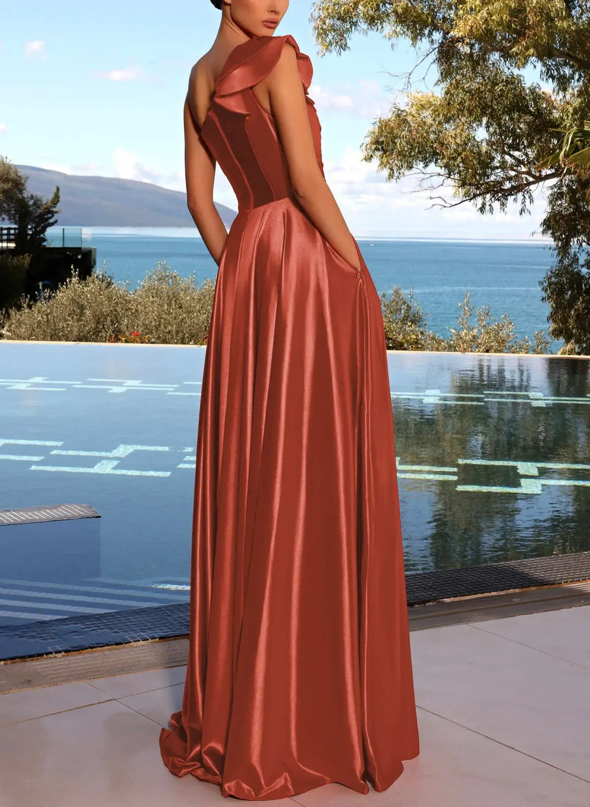 Elegant One Shoulder A Line Prom Dress With Pockets Ruched Bodice High Slit Vermilion Floor Length Gown for Women