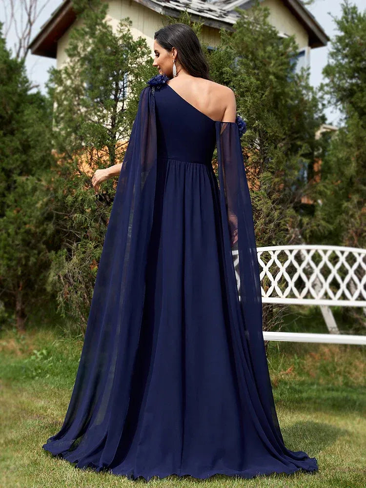 Navy Blue A-Line One Shoulder Cape Sleeve Floor-Length Prom Dress