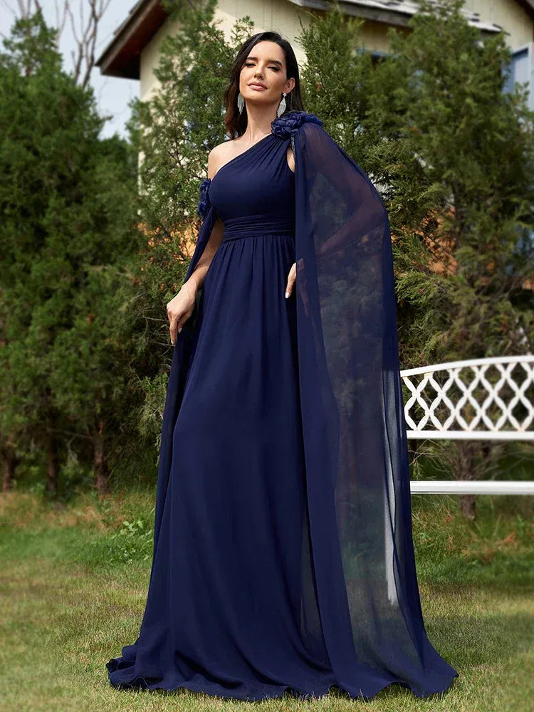 Navy Blue A-Line One Shoulder Cape Sleeve Floor-Length Prom Dress