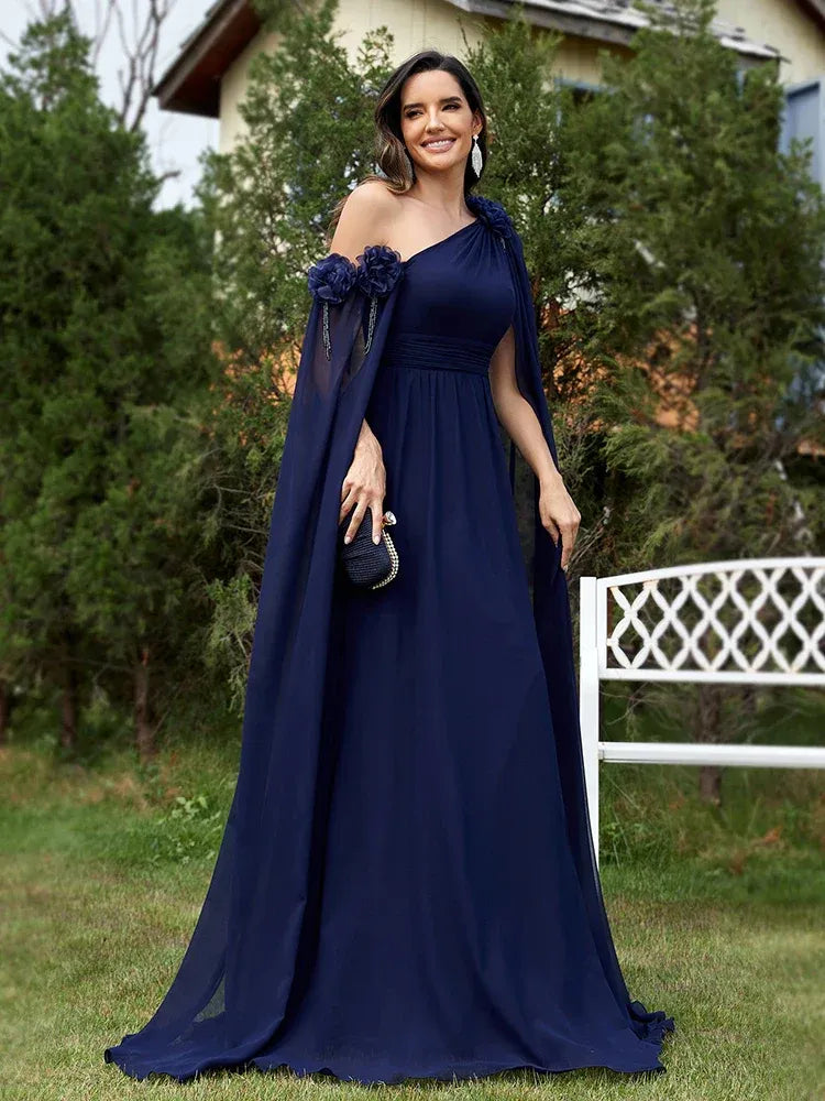 Navy Blue A-Line One Shoulder Cape Sleeve Floor-Length Prom Dress