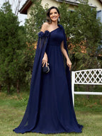Navy Blue A-Line One Shoulder Cape Sleeve Floor-Length Prom Dress