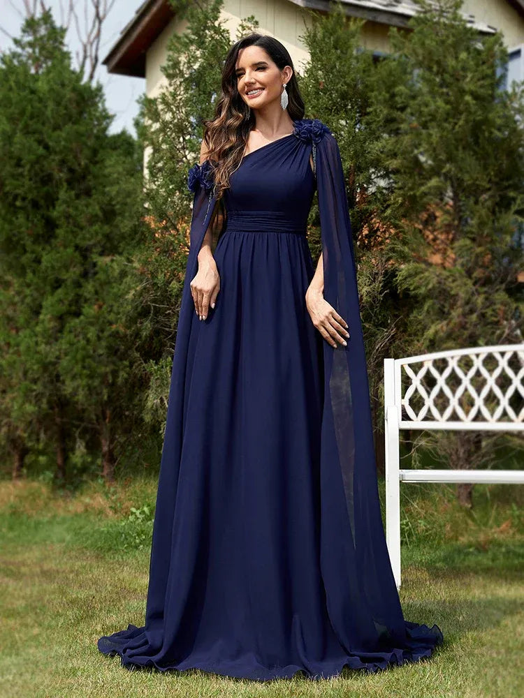 Navy Blue A-Line One Shoulder Cape Sleeve Floor-Length Prom Dress
