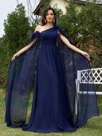 Navy Blue A-Line One Shoulder Cape Sleeve Floor-Length Prom Dress