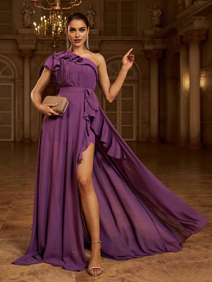 A-Line One Shoulder Ruffles Sleeve Zipper Up Sweep/Brush Train Prom Dress