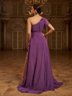 A-Line One Shoulder Ruffles Sleeve Zipper Up Sweep/Brush Train Prom Dress