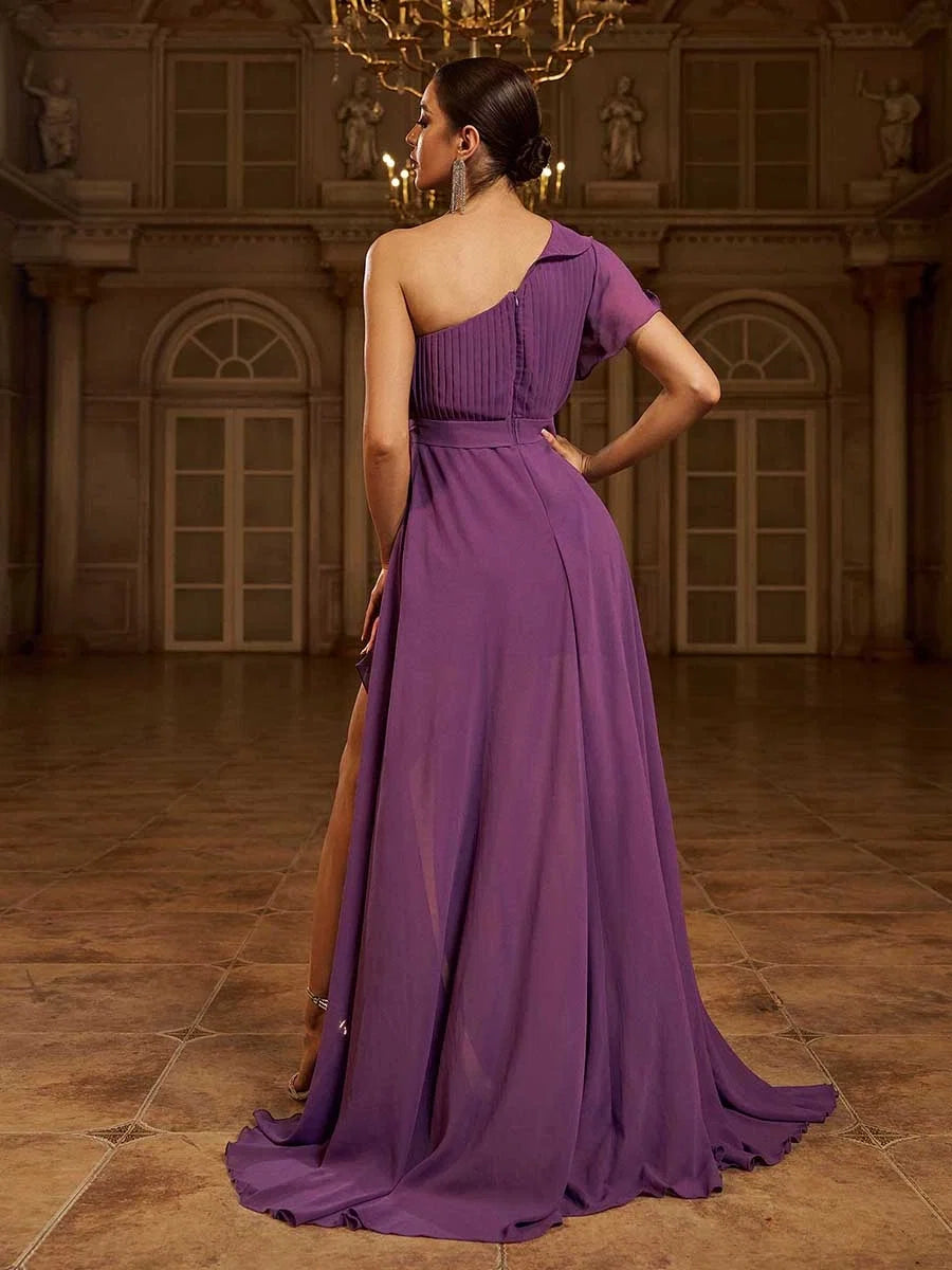 A-Line One Shoulder Ruffles Sleeve Zipper Up Sweep/Brush Train Prom Dress