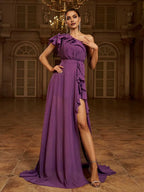 A-Line One Shoulder Ruffles Sleeve Zipper Up Sweep/Brush Train Prom Dress