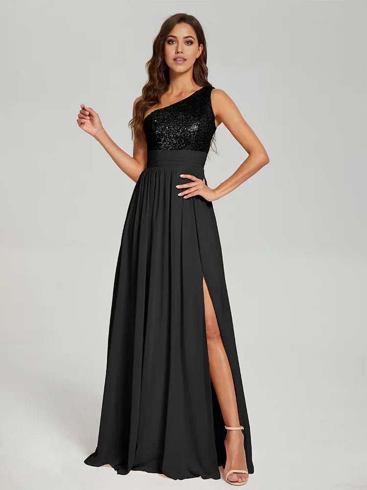 A-Line One Shoulder Sleeveless Zipper Up Floor-Length Prom Dress