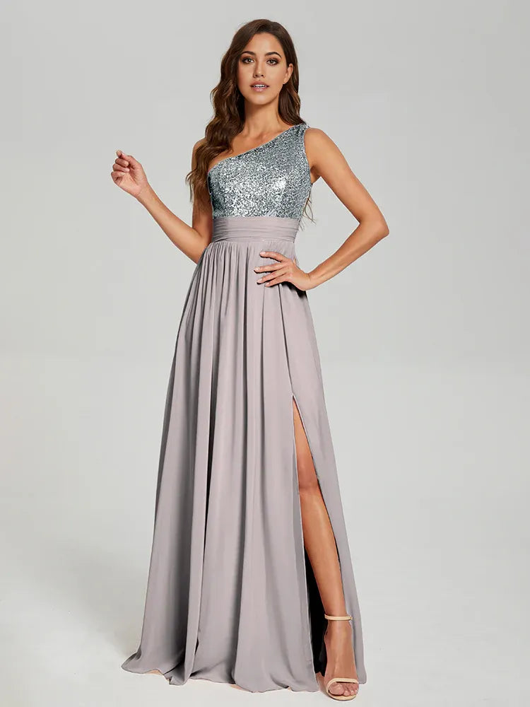 A-Line One Shoulder Sleeveless Zipper Up Floor-Length Prom Dress